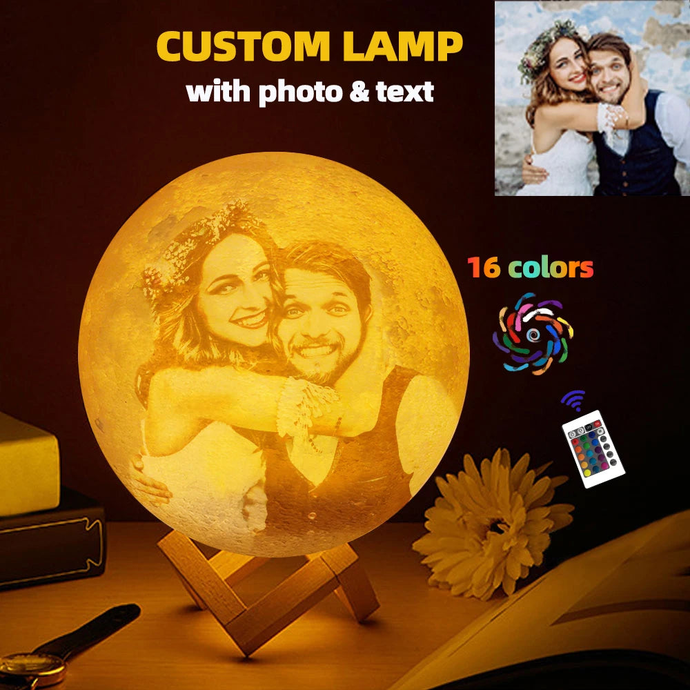 Personalized 3D Printed Moon Lamp with Photo & Text – Custom Night Light Gift for Birthday, Valentine’s, Mother’s Day