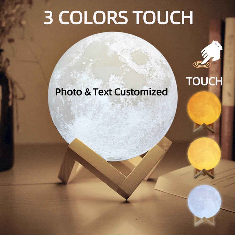 Personalized 3D Printed Moon Lamp with Photo & Text – Custom Night Light Gift for Birthday, Valentine’s, Mother’s Day