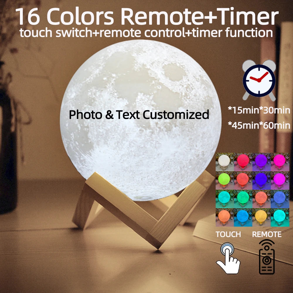 Personalized 3D Printed Moon Lamp with Photo & Text – Custom Night Light Gift for Birthday, Valentine’s, Mother’s Day