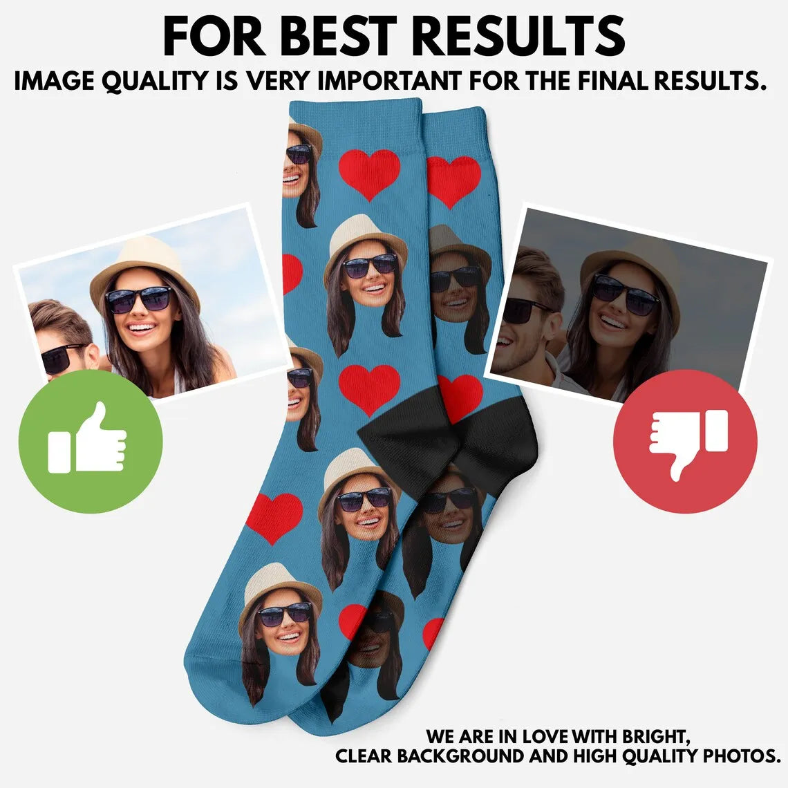 Custom Face Photo Socks "Heart" Personalized Unisex Print Socks